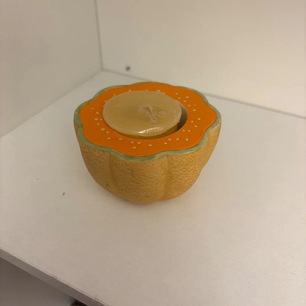 PartyLite Cantaloupe Melon Votive Candle Holder Ceramic Fruit Decor Orange Green